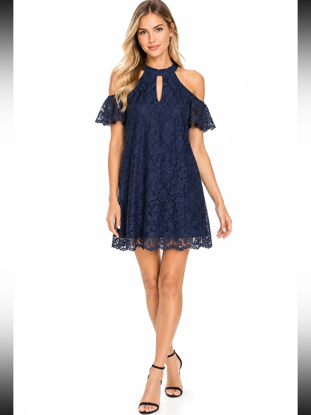Francesca's Navy Lace Gold Cold Shoulder Flutter Sleeve Mini Dress Sz Medium